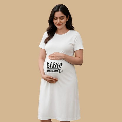 White Maternity Dress, 'Baby Loading' text and Feeding Bottle, Baby Footprint design