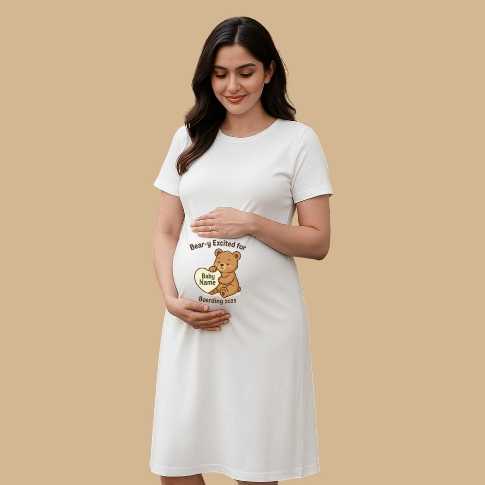 White Maternity Dress, Bear Design and text Personalised Name and Due Year 'Bear-y Excited for Boarding' 