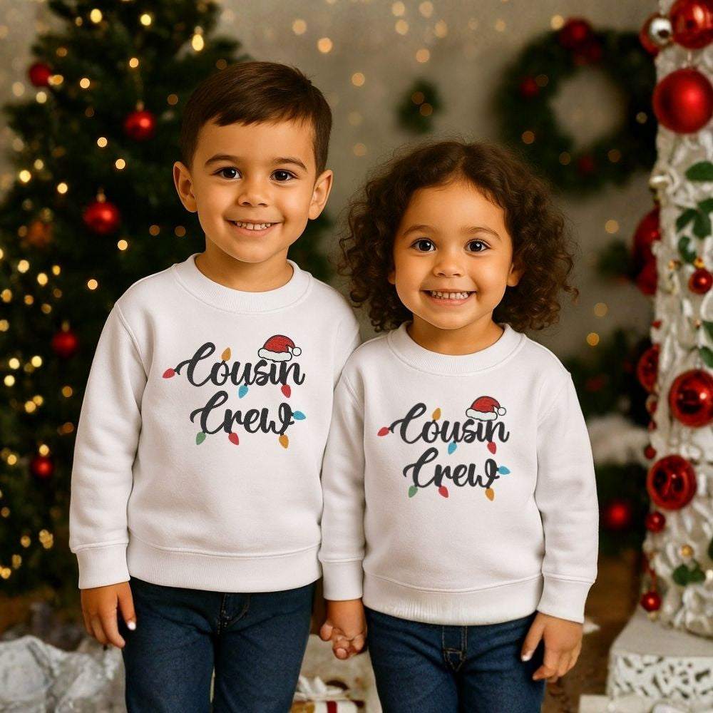White Two children wearing 'Cousin Crew' sweatshirts