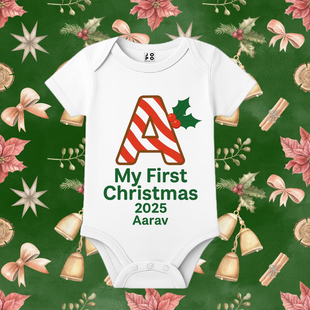 White baby onesie with 'My First Christmas 2023' with name text 