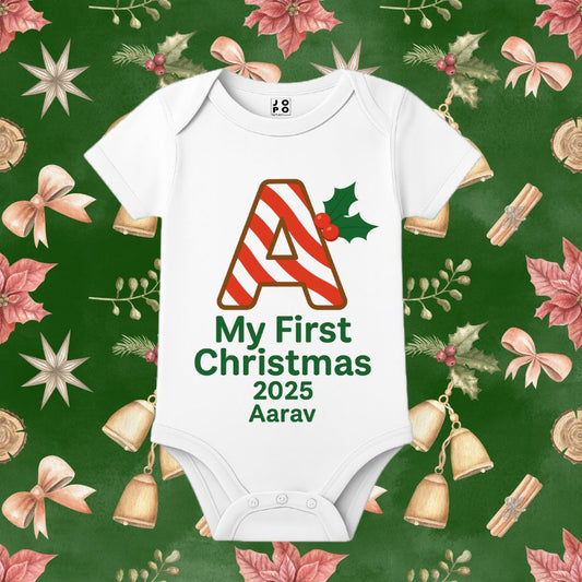 White baby onesie with 'My First Christmas 2023' with name text 