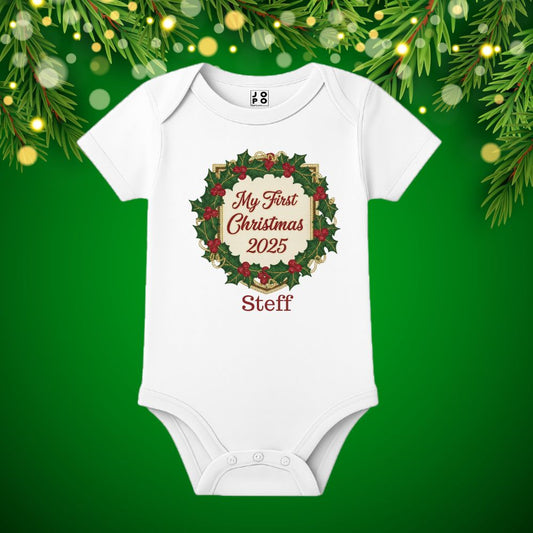 White baby onesie with 'My First Christmas 2025' text 