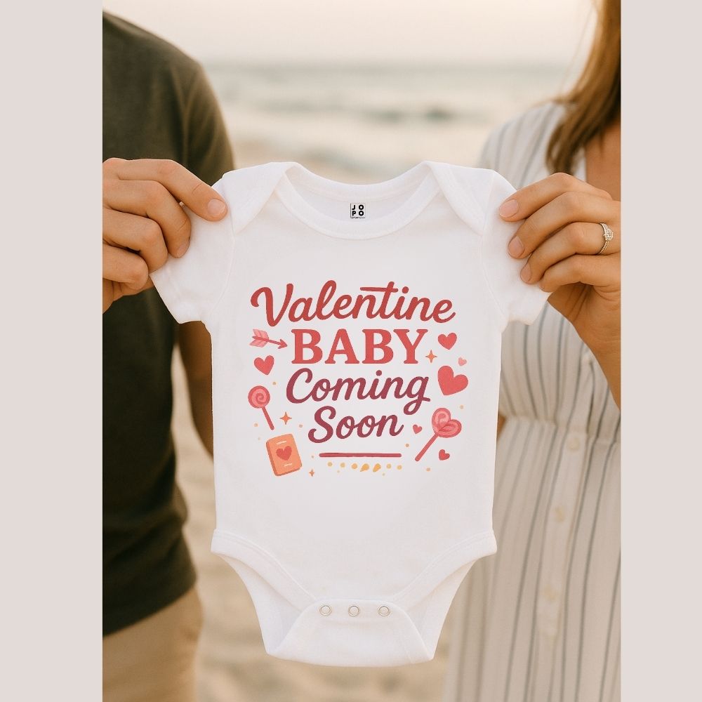 White baby onesie with 'Valentine Baby Coming Soon' text