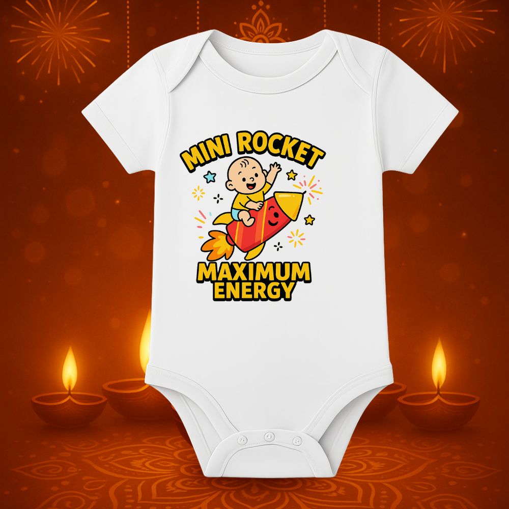 White baby onesie with a rocket design and text 
