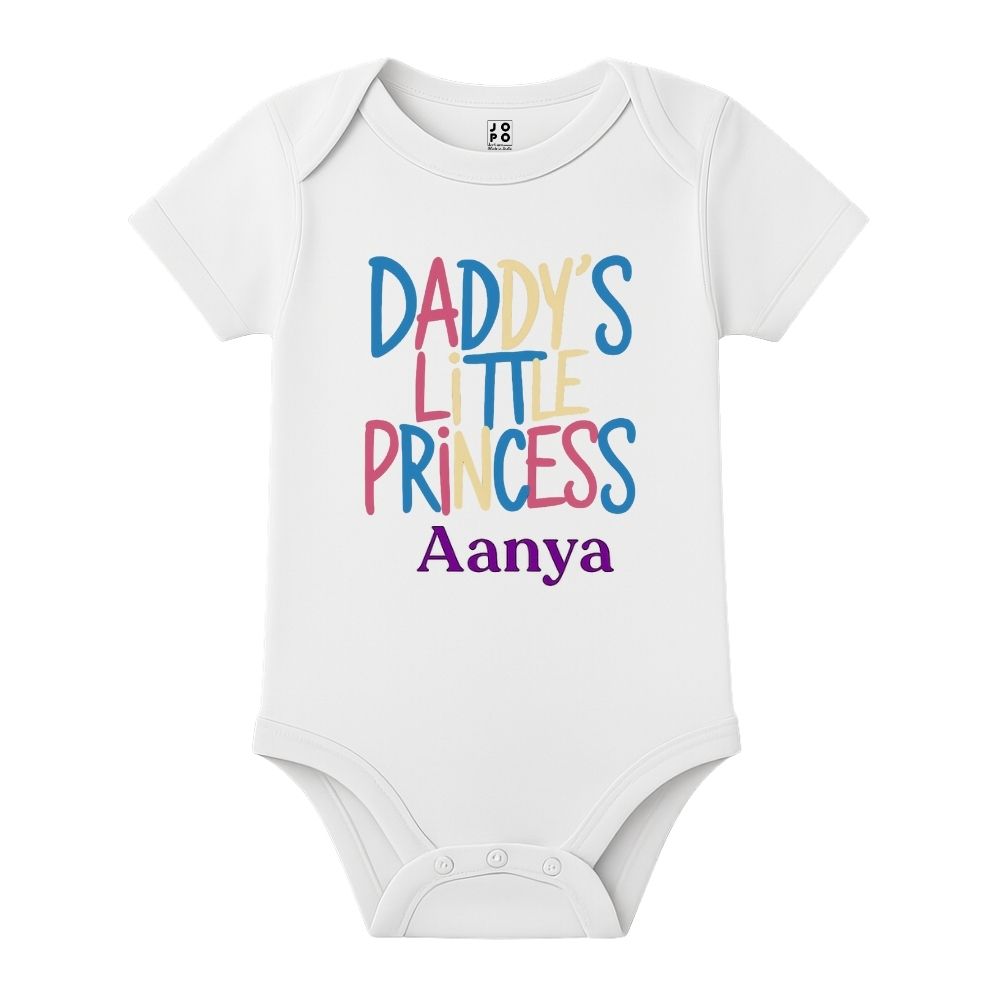 White baby onesie with colorful text 'Daddy's Little Princess ' 