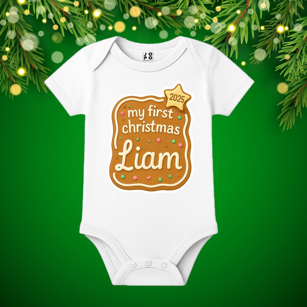 White baby onesie with 'my first Christmas 2025' design