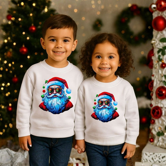 White sweatshirts with a colorful Santa Claus design 