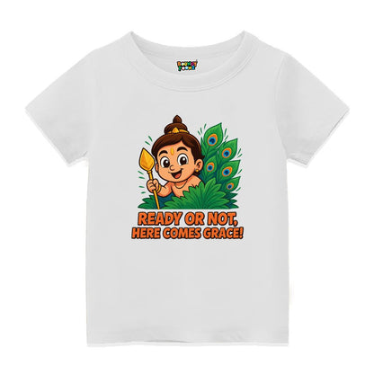 White t-shirt, Balamurugan with vel and feather design and text  'Ready or Not, Here Comes Grace'! 