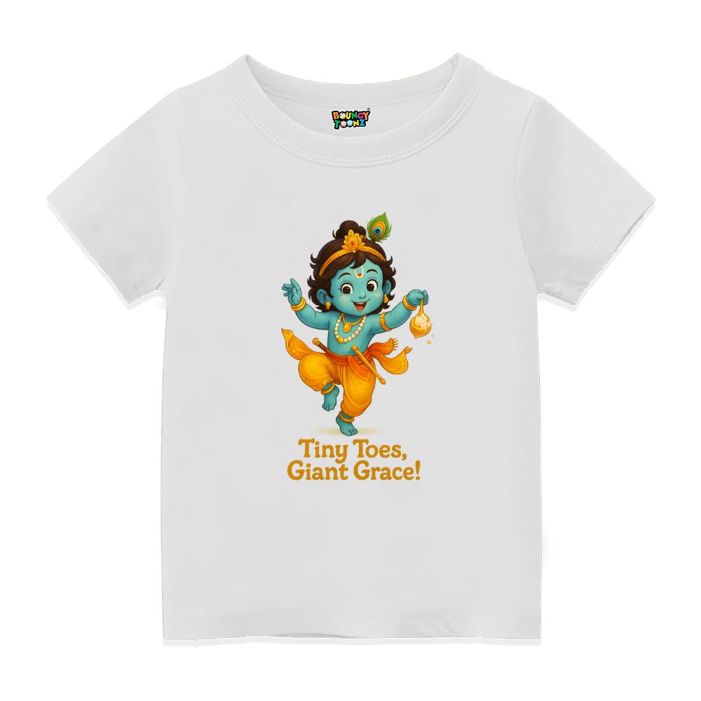 White t-shirt, Dancing Kutty Krishna Design and text 'Tiny Toes, Giant Grace!