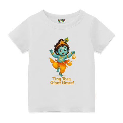 White t-shirt, Dancing Kutty Krishna Design and text 'Tiny Toes, Giant Grace!