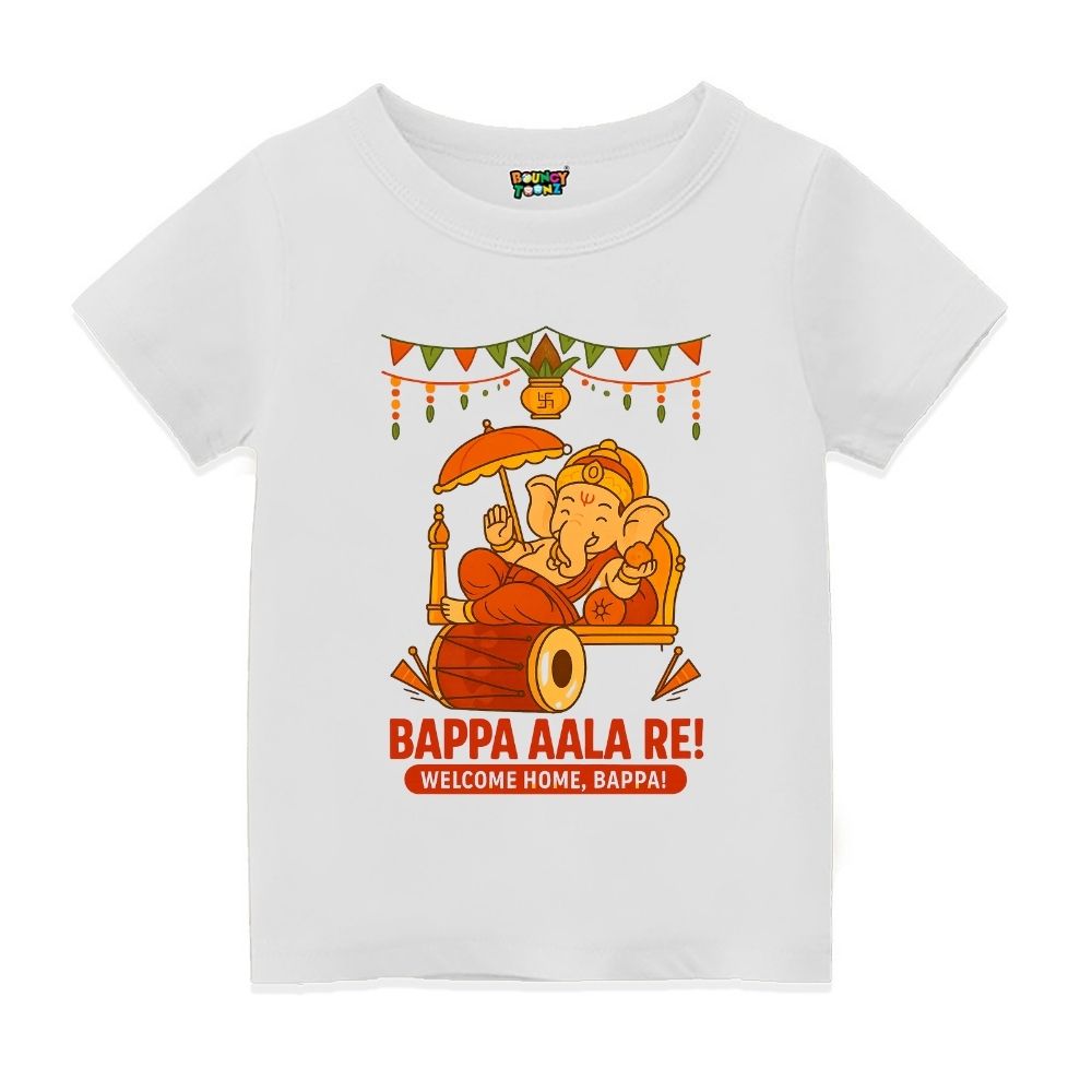 White t-shirt with a cartoon depiction of Ganesha for little deity 