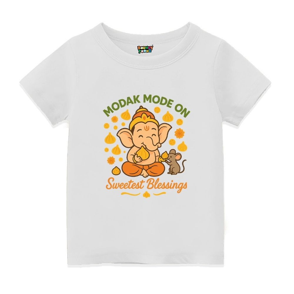 White t-shirt with a cartoon Ganesha design