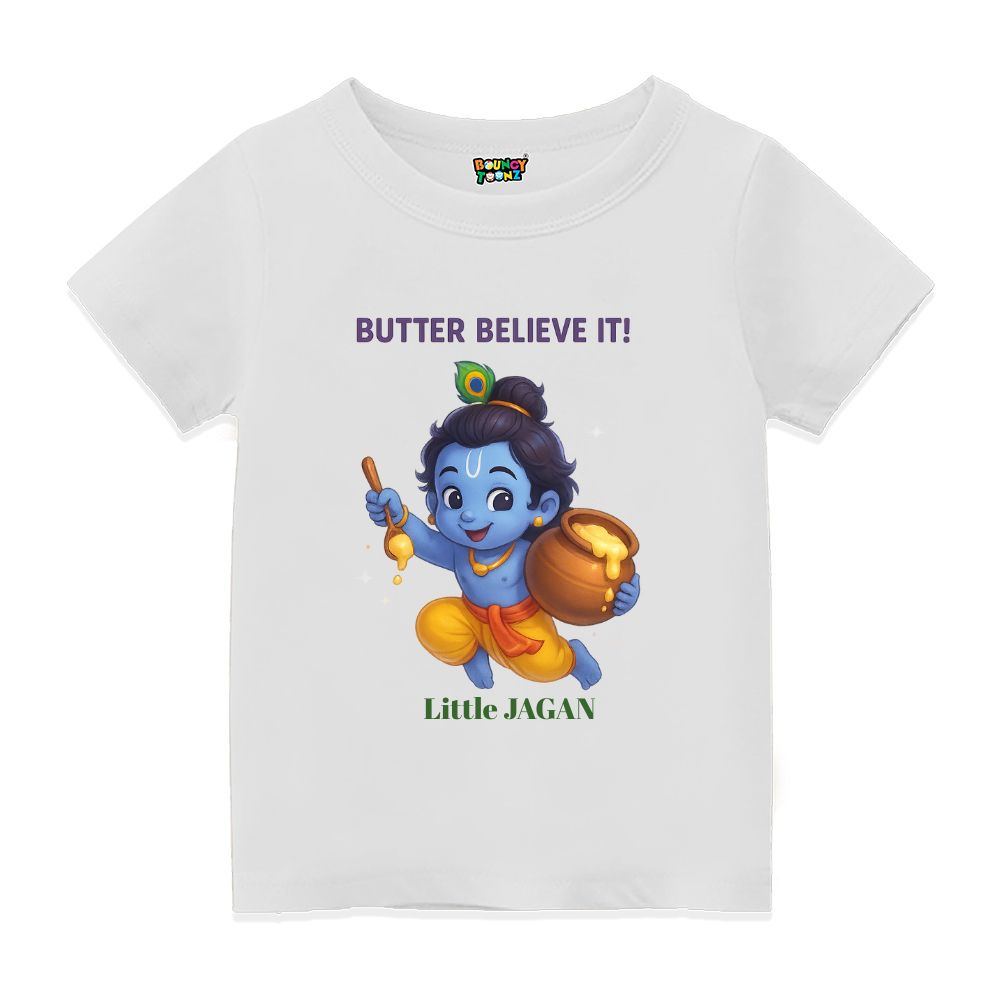 White t-shirt, Kutty Krishna Eating Butter Design and 'Butter Believe It! and 'Little Jagan' text 