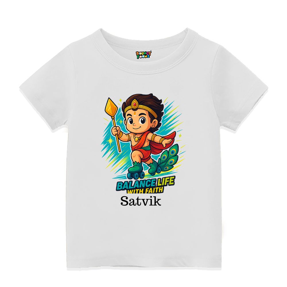 White t-shirt, Lord balamurugan with Skating Roller and text Balance Life With Faith'