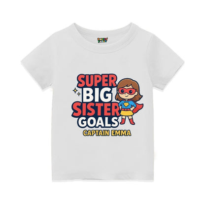 White t-shirt,  superhero design printed with "Super Big Sister Goals" and Captain text
