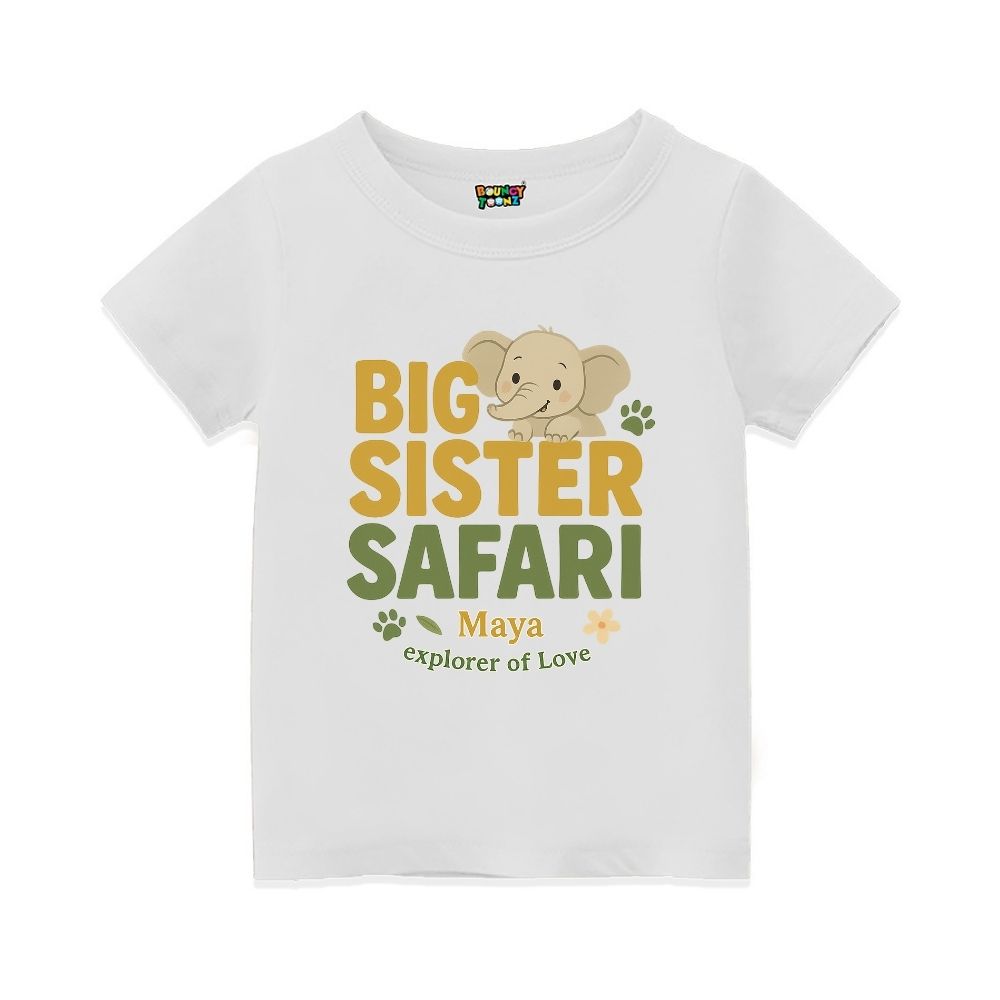 White  t-shirt with 'Big Sister Safari' text and elephant graphic