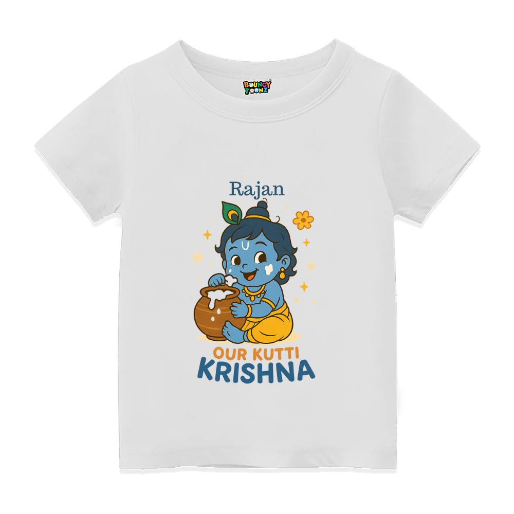 White t-shirt with Krishna cartoon character and 'Our Kutti Krishna' text