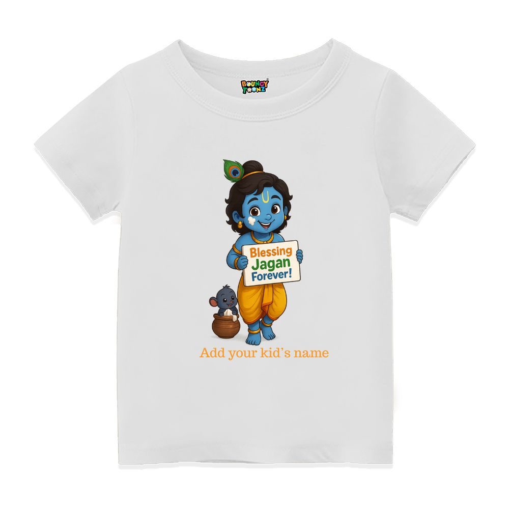 White t-shirt with Kutti Krishna cartoon character and 'Blessing Jagan Forever'! text 