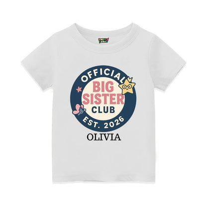 White t-shirt with 'Official Big Sister Club' Text and Badge design 