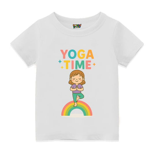 White t-shirt with 'Yoga Time' text and a cartoon character on a rainbow printed design