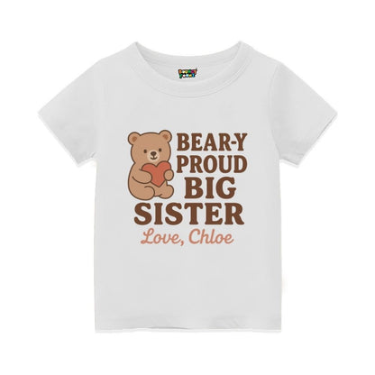 White t-shirt with a bear graphic and text