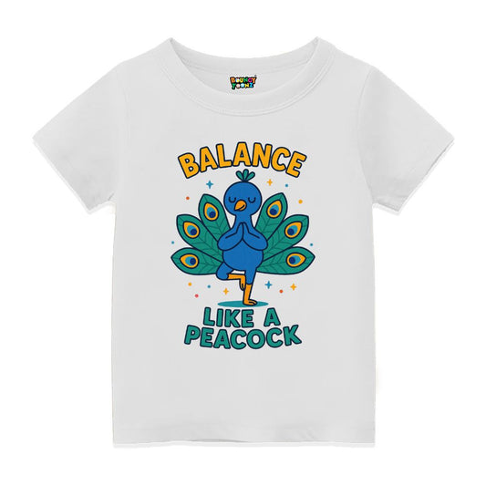White t-shirt with a blue peacock graphic and text 