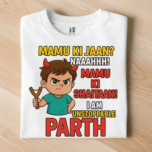 White t-shirt with a boy cartoon character and Iam Unstopppable text 