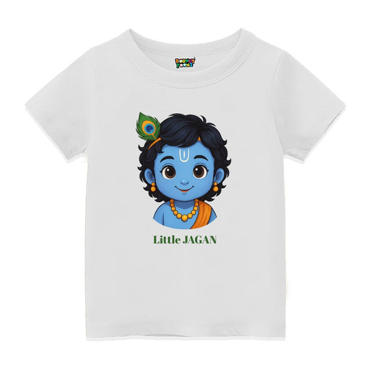 White t-shirt with a cartoon character of Little Jagan Text