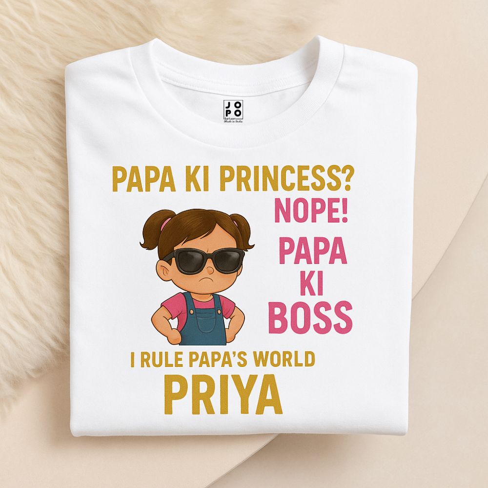 White t-shirt with a girl cartoon character and I Rule Papa's World text 