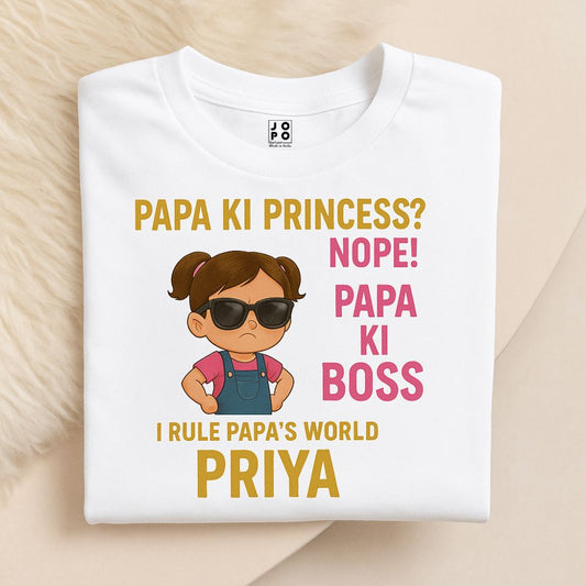 White t-shirt with a girl cartoon character and I Rule Papa's World text 