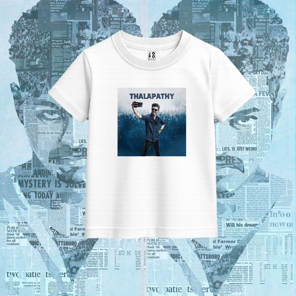 White t-shirt with a graphic of Thalapathy Vijay