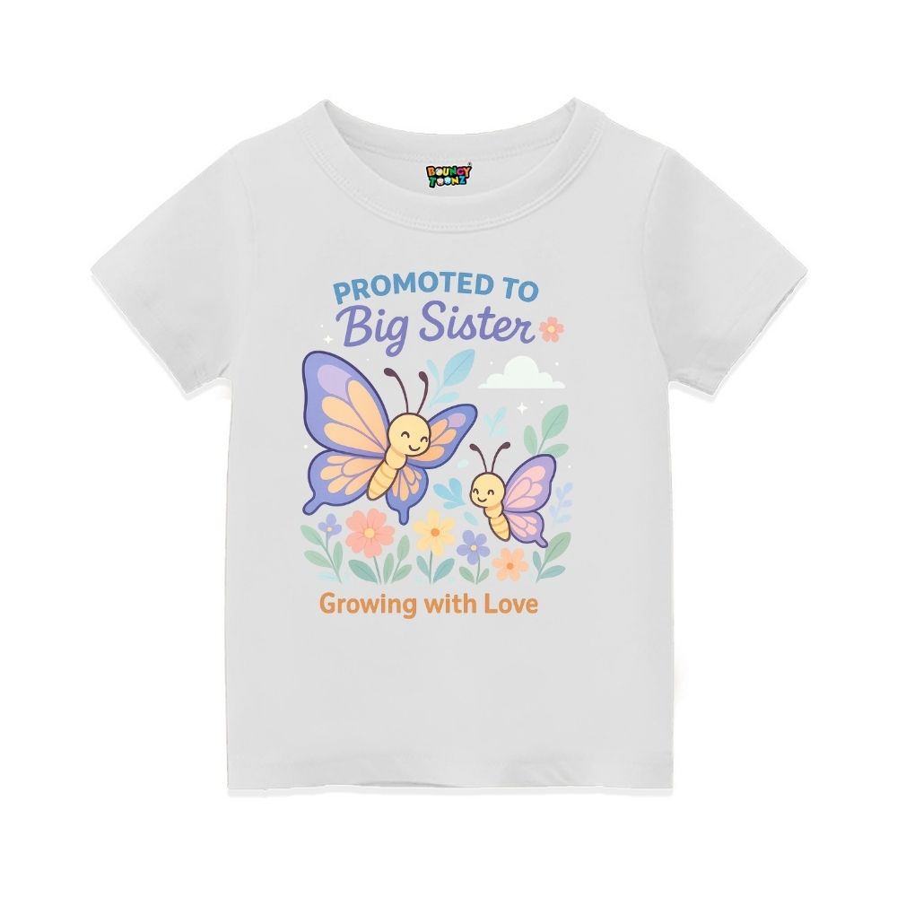 White t-shirt with butterfly design and text 'Promoted to Big Sister'