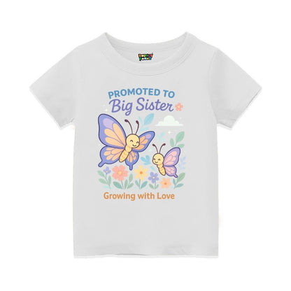 White t-shirt with butterfly design and text 'Promoted to Big Sister'