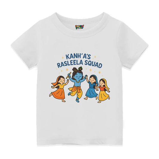 White t-shirt with cartoon characters and text Kanhas 'Rasleele Squad'
