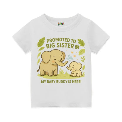White t-shirt with elephant design and text 'Promoted to Big Sister' with My Baby Buddy is Here!