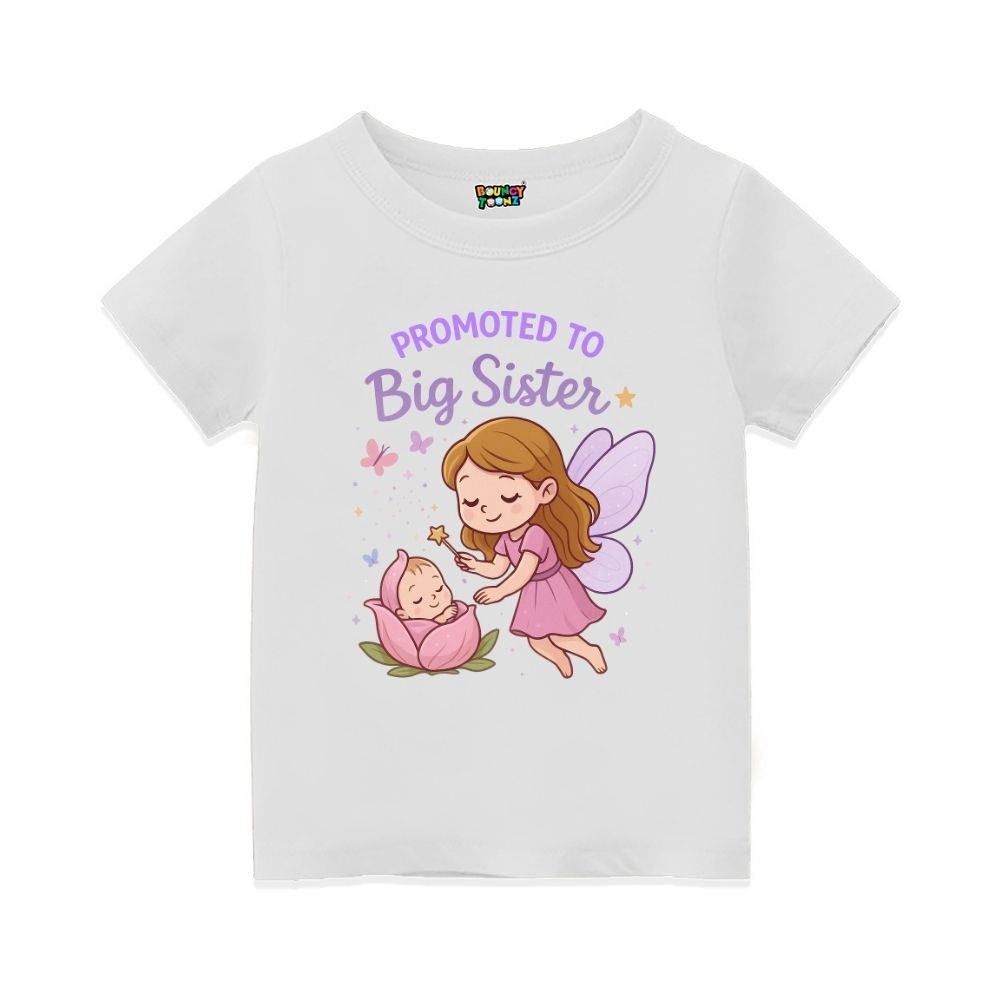 White t-shirt with fairy and baby graphic and 'Promoted to Big Sister' text on a white background