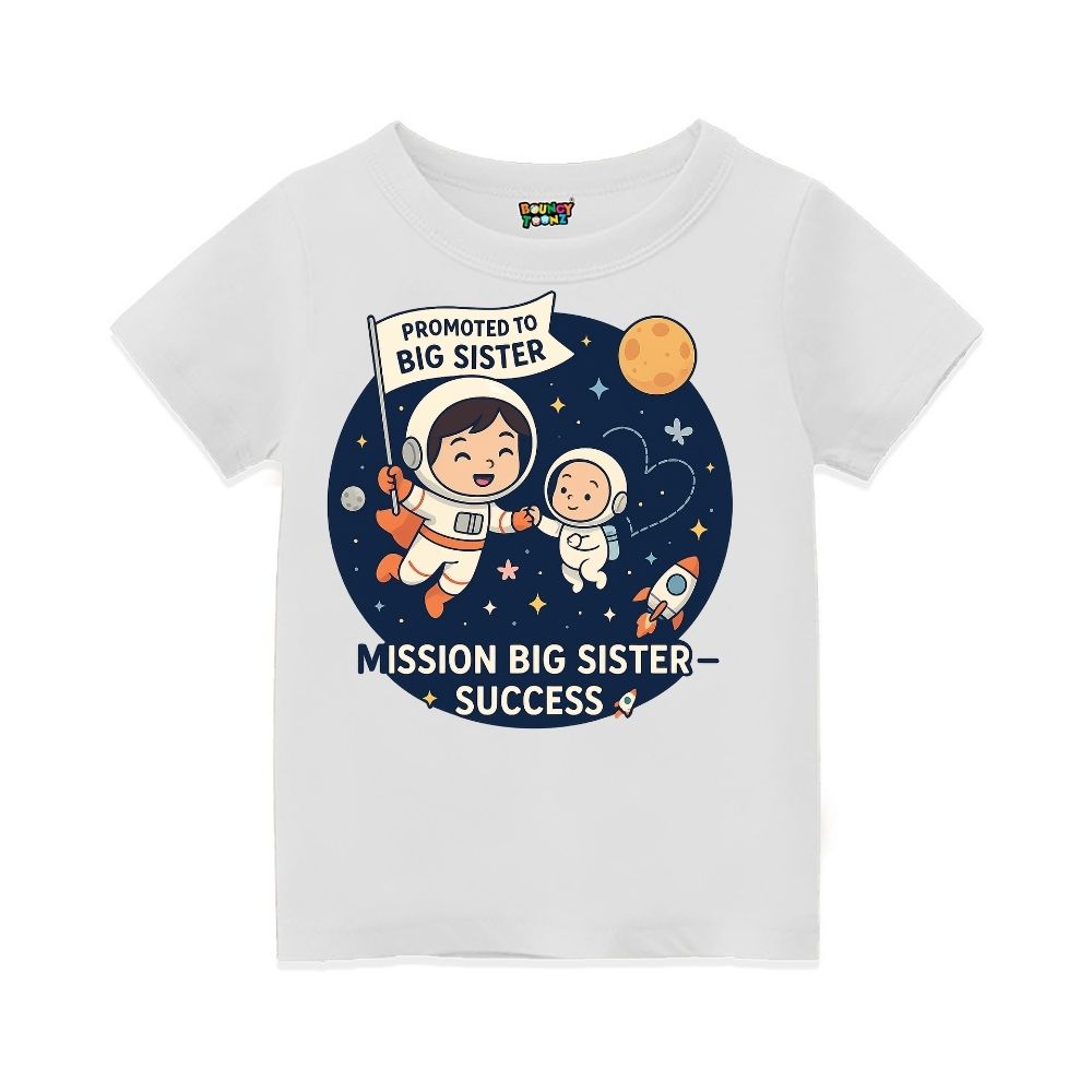 White t-shirt with space-themed design and text 'Promoted to Big Sister'