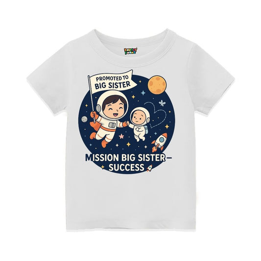 White t-shirt with space-themed design and text 'Promoted to Big Sister'