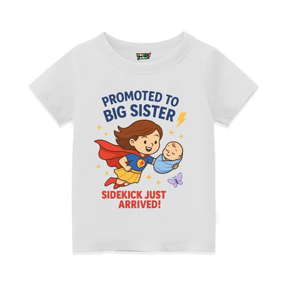 White t-shirt with superhero design and text 'Promoted to Big Sister, Sidekick Just Arrived!' 