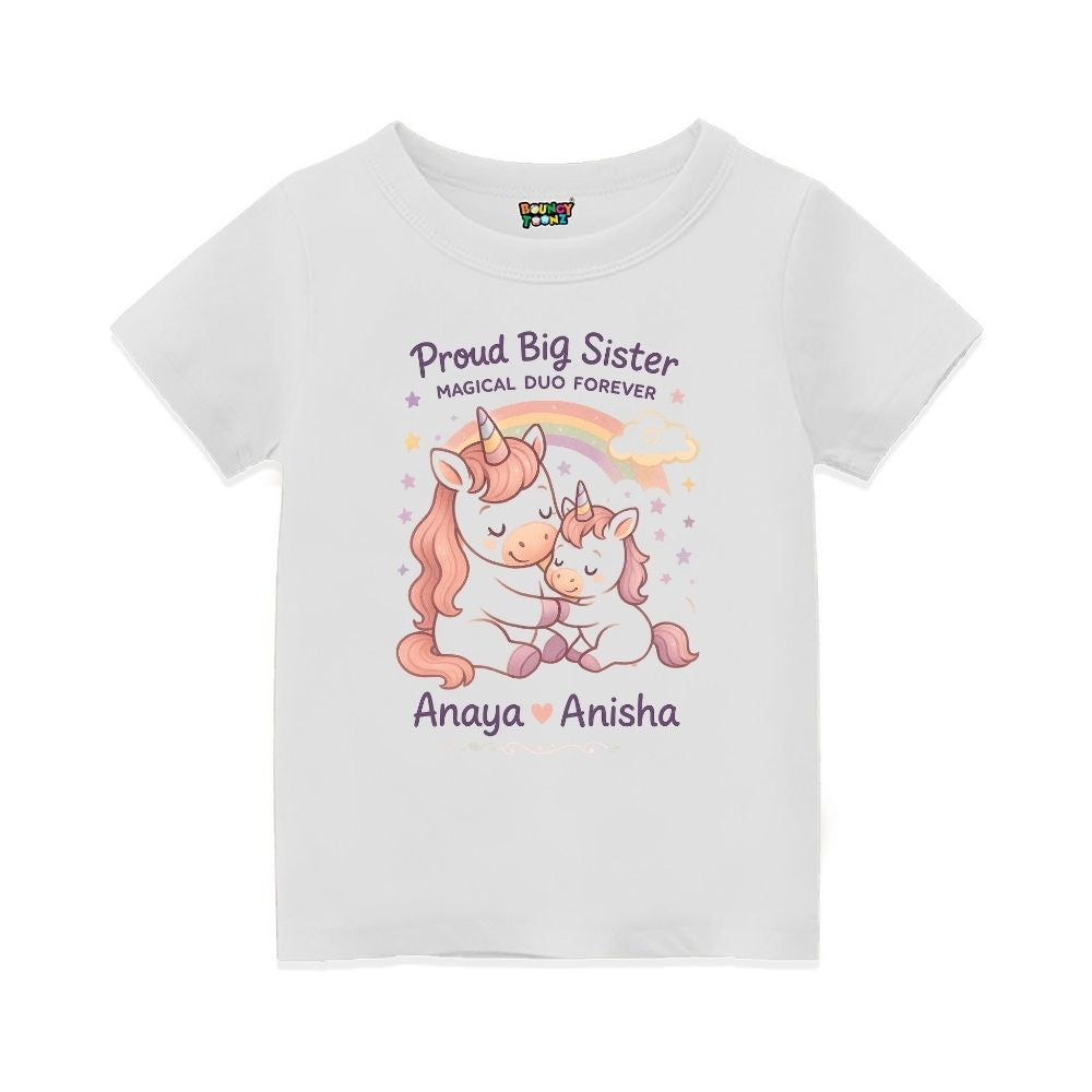 White t-shirt with unicorn design and text 