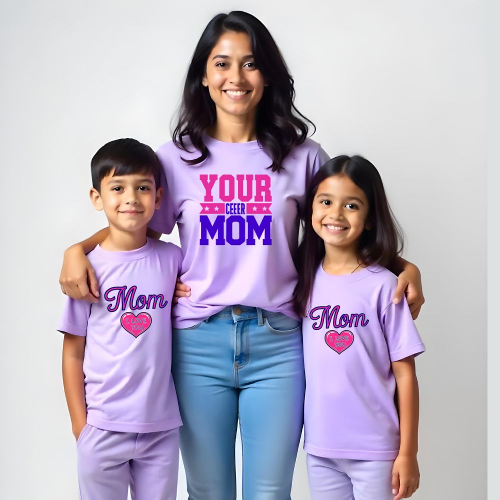 Mom and Kids Matching Lavender t-shirts with the text 'YOUR CHEER MOM, I LOVE MOM' 
