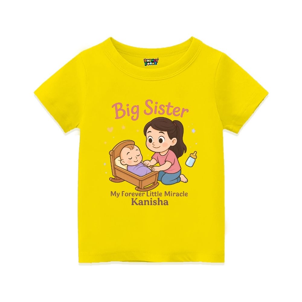 Yellow 'Big Sister' t-shirt with personalized text "My Forever Little Miracle"