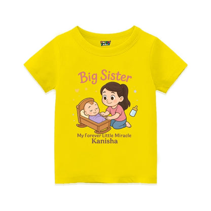 Yellow 'Big Sister' t-shirt with personalized text "My Forever Little Miracle"