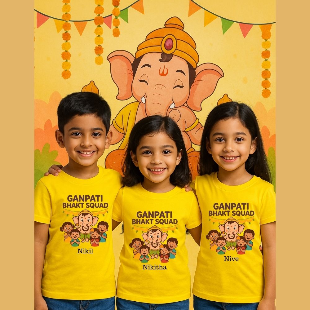 yellow 'Ganpati Bhakt Squad' Tshirts for Ganesha Chathurthi celebrations