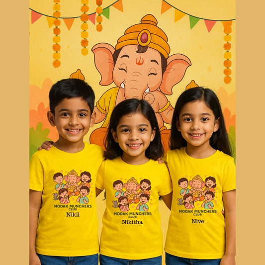 Modak Munchers Club yellow t-shirts with a cartoon character for Ganesh Chathurthi 