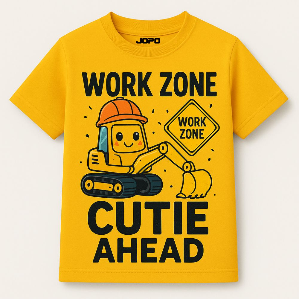 Yellow Kids Jersey with a Cartoon Excavator and 'Work Zone Cutie Ahead' Text Printed