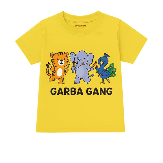 Yellow Kids t-shirt with cartoon animals Print and 'Garba Gang' text 