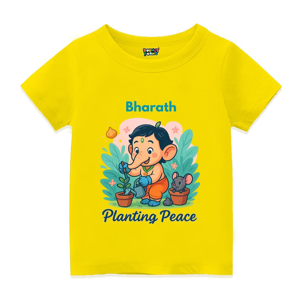 Yellow Kids t-shirt with text 'Planting Peace'
