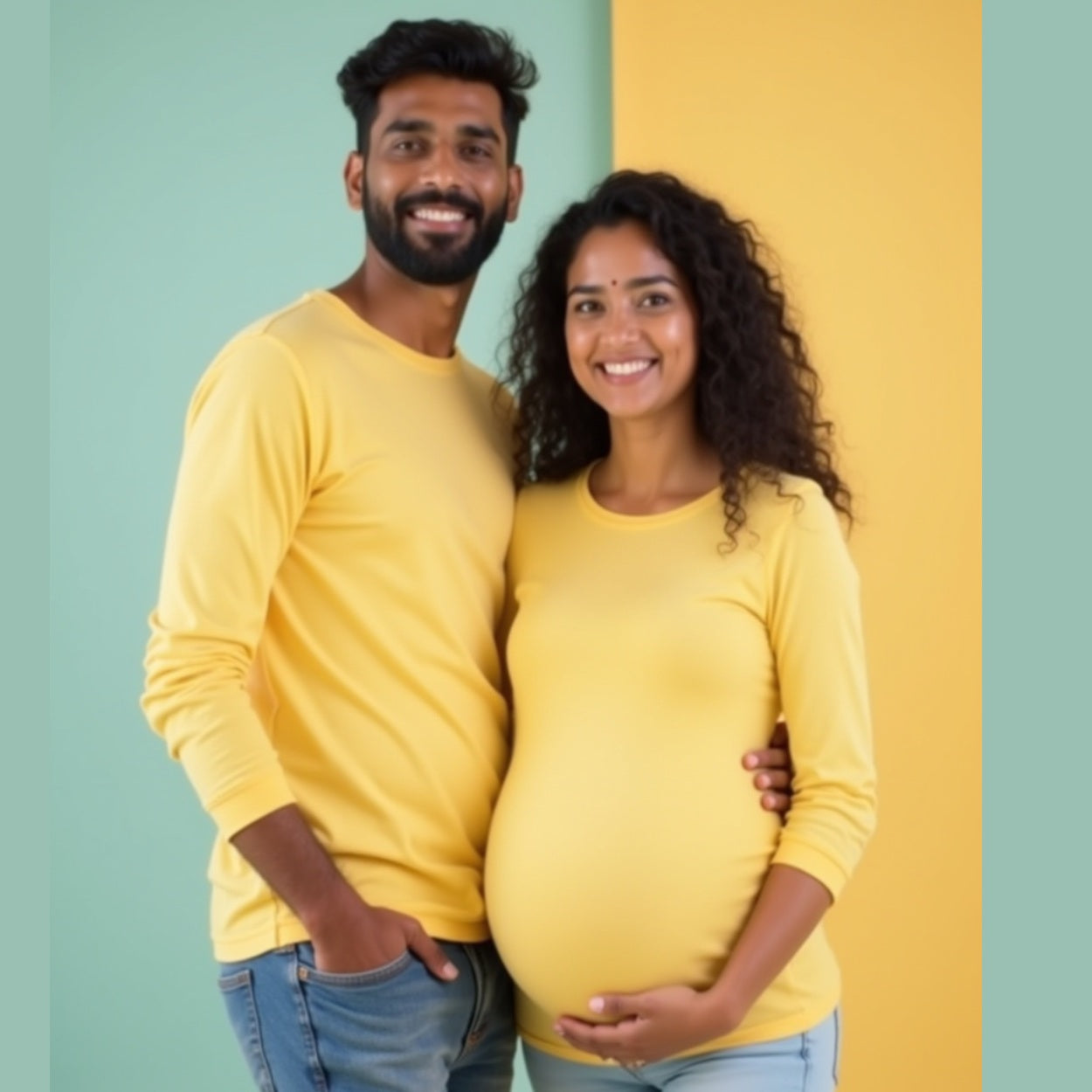 Plain Light yellow Full Sleeve Maternity Couple T-Shirts
