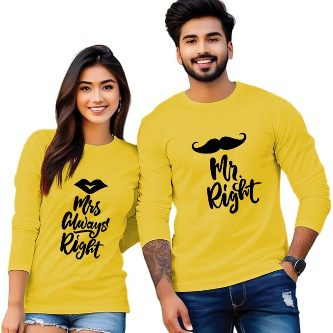 Mr Right & Mrs Always Right Half Sleeve Couple Print T Shirt